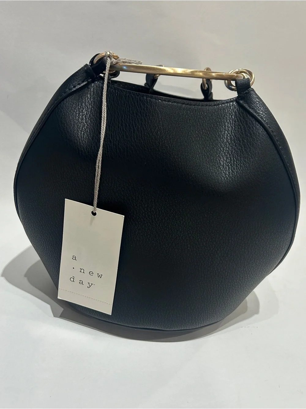 A New Day Black Faux Leather Ring Handle Bucket Bag Chic Gold Hardware Purse NWT